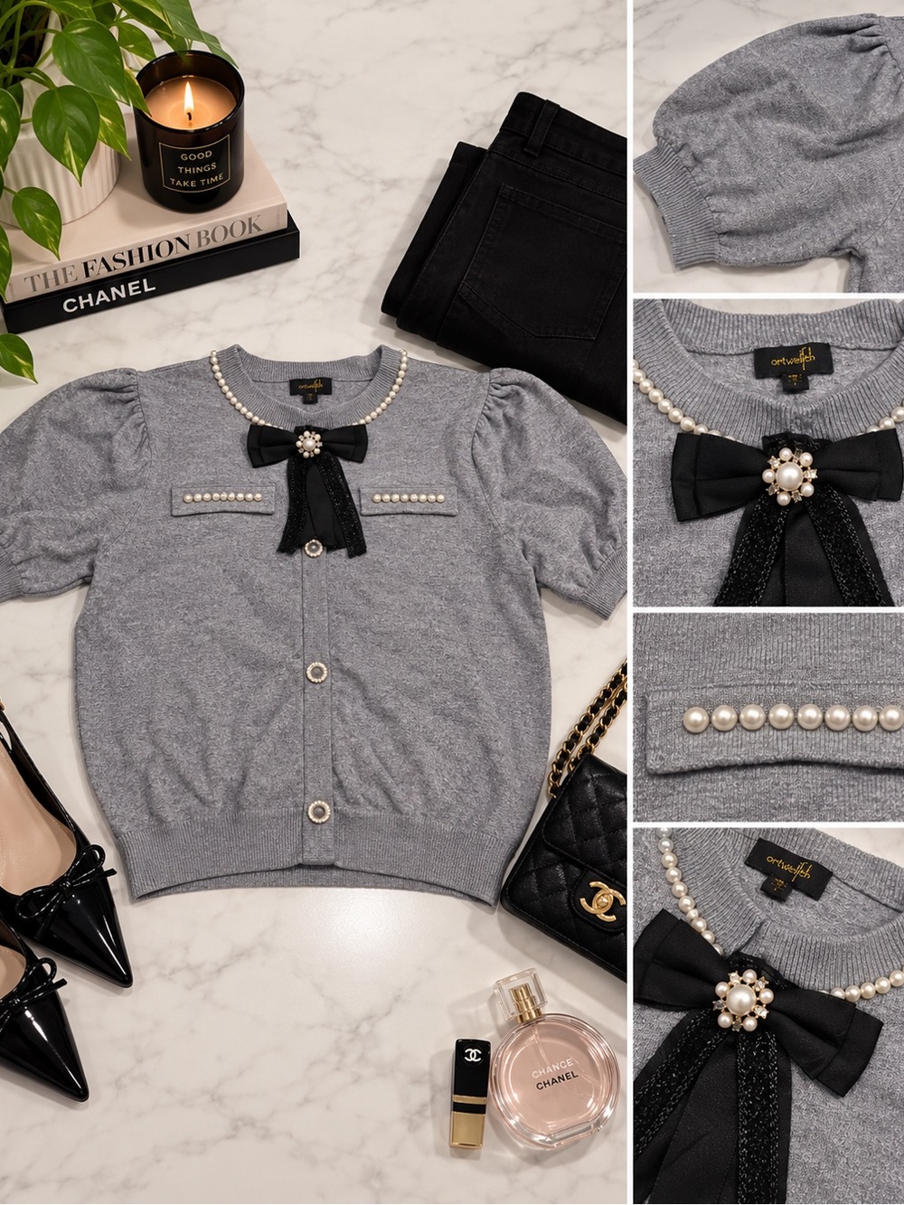 Pearl-Trim Bow Knit Cardigan Sweater - Gray